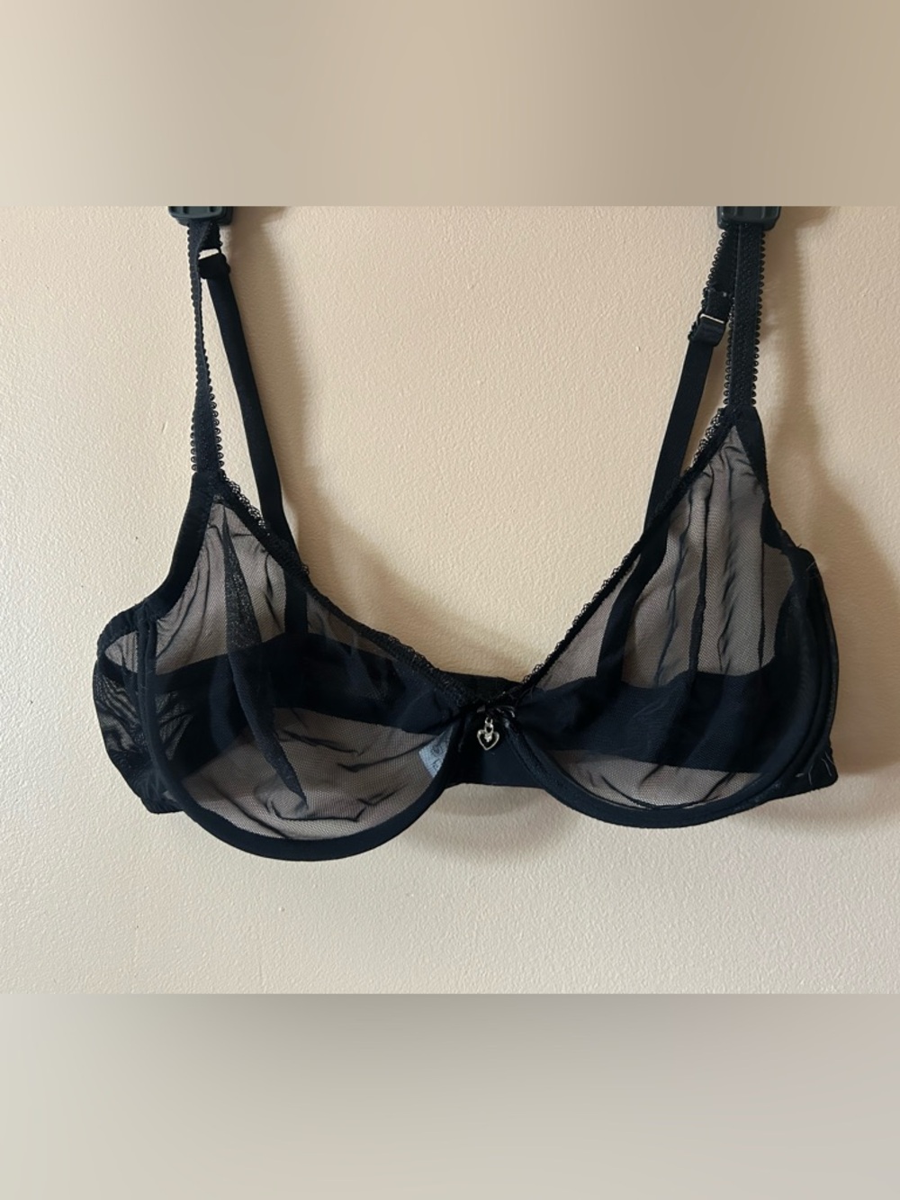Sheer Black Underwire Mesh Bra with Center Charm